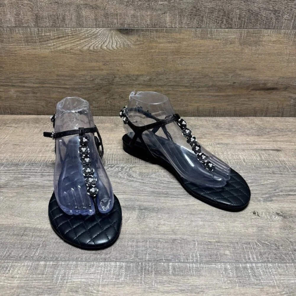 Marc Fisher Black Leather T Strap Embellished Sandal Women's Size 7.5